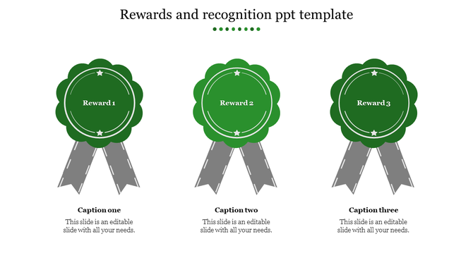 Slide featuring three green badges with gray ribbons, each labeled with a different reward and captions below.