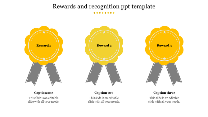 Slide showcasing three yellow award badges with grey ribbons for recognizing achievements and rewards with captions.