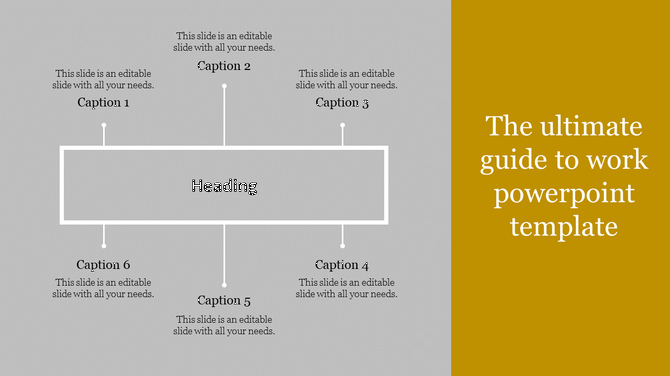 Rectangular central heading with six caption placeholders arranged symmetrically around it in a grey background.