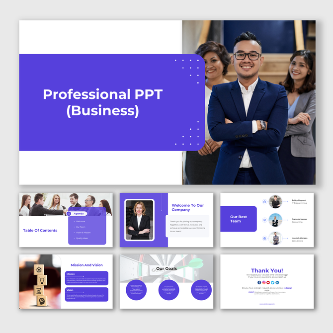 Slide deck with professional theme, including purple panels, circular icons, images, and structured text areas.