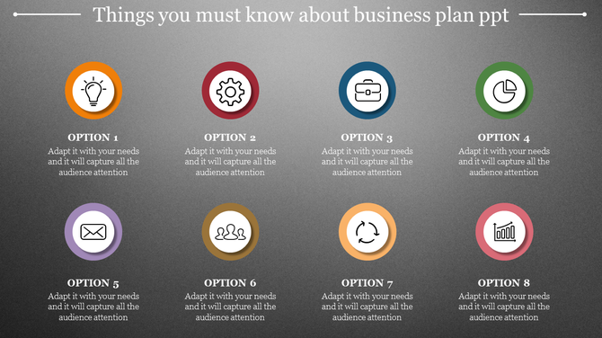 Business plan slide with eight options, each featuring a colorful icon with captions.