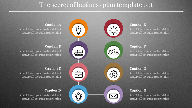 Business plan template with eight sections, each with a colorful icon with captions.
