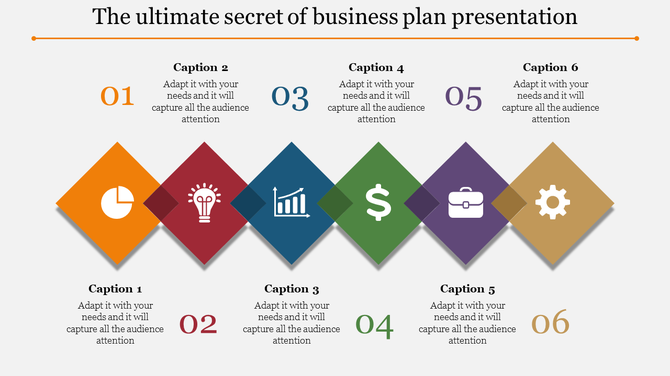 Six colorful diamond shaped icons with captions and numbers, arranged horizontally for a business plan presentation.
