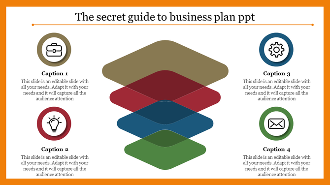 Business plan slide with stacked layers in brown, red, blue, and green, and circular icons with captions around the layout.