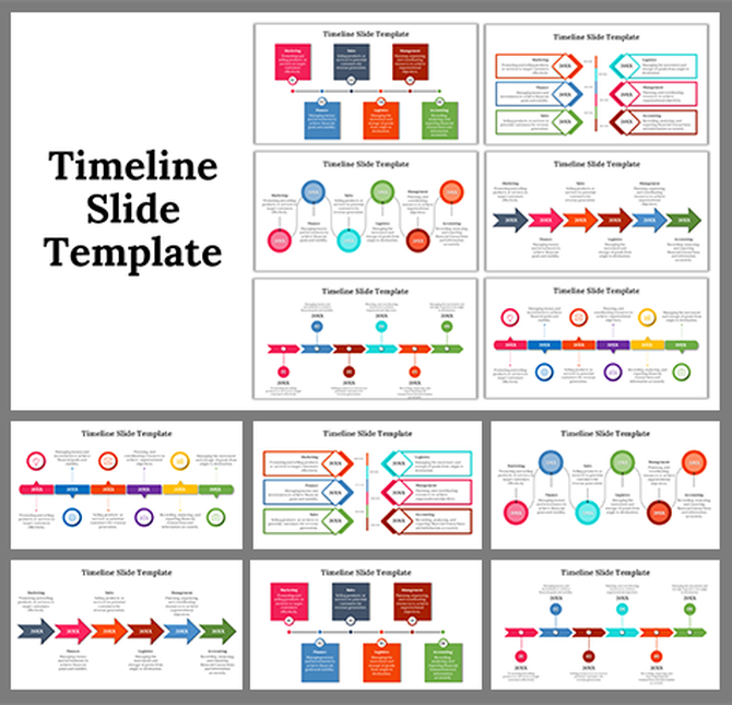 Timeline template set showcasing various styles, including horizontal arrows, circular nodes, and process flow diagrams 