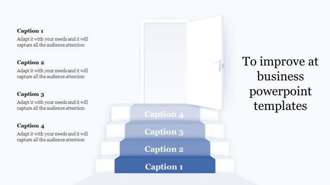 Staircase infographic with four blue steps and captions, symbolizing progress towards an open door on a white background.
