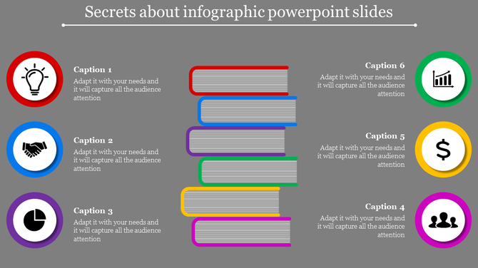 Infographic style slide featuring colorful books stacked vertically, with icons and captions.