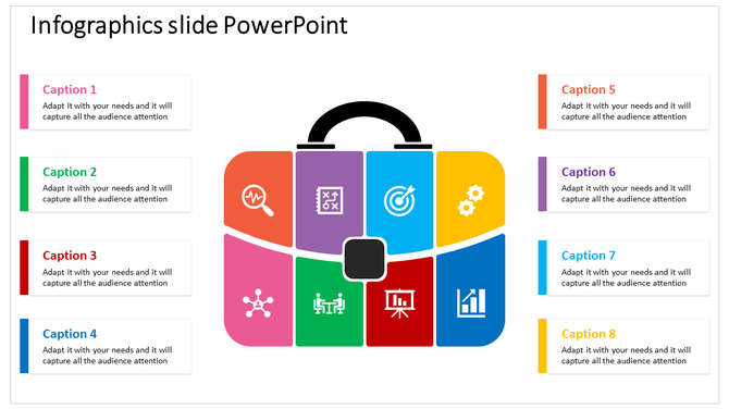 Infographic slide with a briefcase illustration segmented into eight colorful sections, each containing icons.