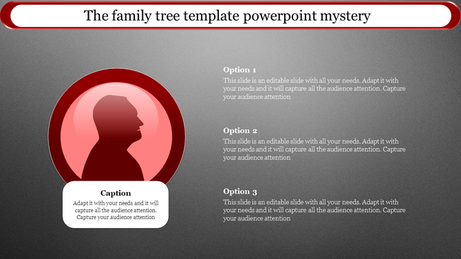 PowerPoint template for a family tree with a mystery theme, including caption placeholders.