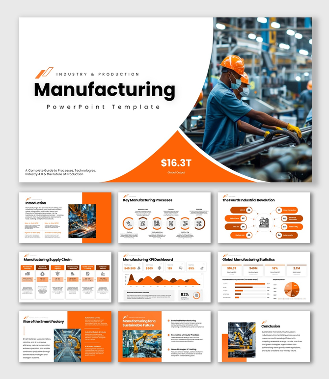 Manufacturing slide with factory worker, machines, charts, orange shapes, icons, and structured text holders.