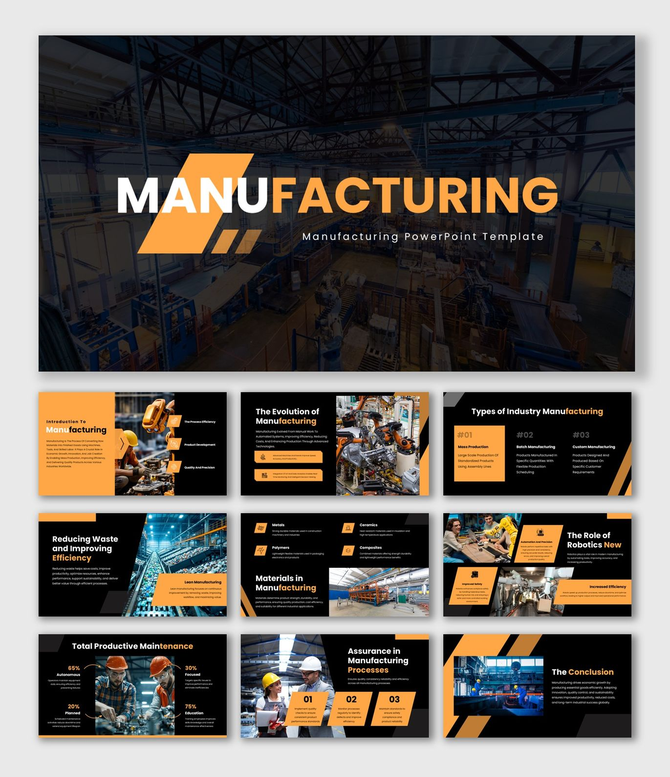 Manufacturing PPT presentation with factory visuals, orange black theme, charts, icons, text boxes, process slides