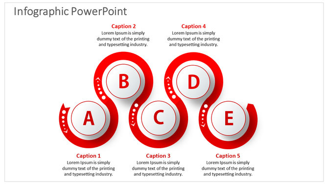 Slide with red circular infographic design, labeled A to E, each paired with captions, on a white background.