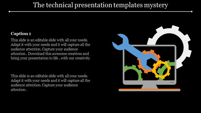 A technical PowerPoint slide showing a computer screen with gears and a wrench symbol with a caption on a dark theme.