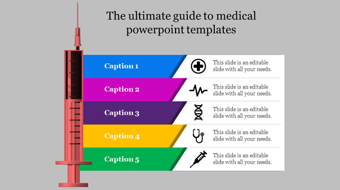 Medical template with a syringe graphic and five horizontal colored segments featuring medical symbols.