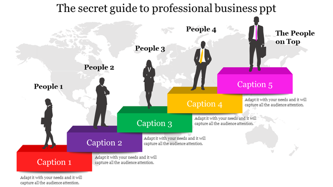 Business slide with ascending steps in red, purple, green, yellow, and pink, showing people silhouettes.