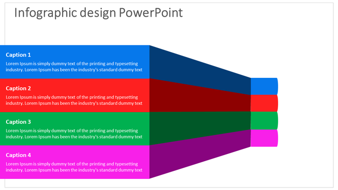 Infographic design PowerPoint with color coded blocks representing different sections blue, red, green, and purple.