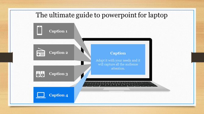 PPT slide featuring laptop with four caption sections, each represented by icons for phone, radio, speakers, and laptop.