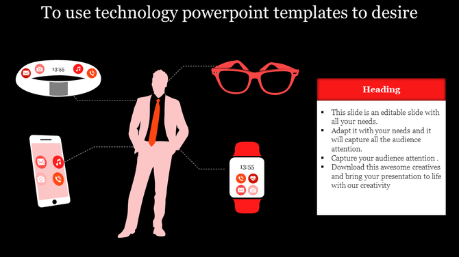 Technology PPT slide featuring a man surrounded by modern devices like a smartwatch, phone, and smart glasses with a caption.