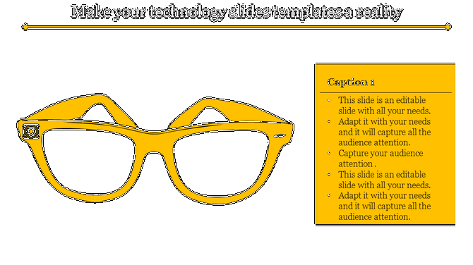 Black background slide with large yellow glasses on the left and a caption box with bullet points on the right