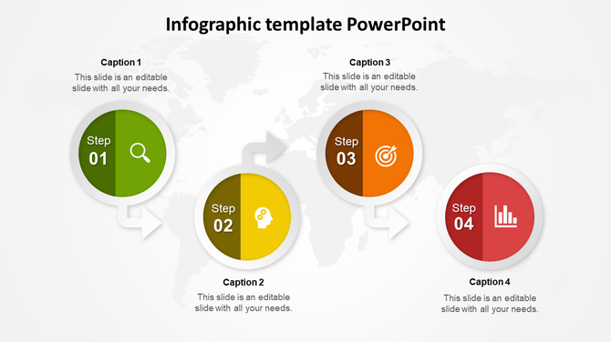 Four-step circular infographic with steps labeled in green, yellow, orange, and red circles, connected by arrows.