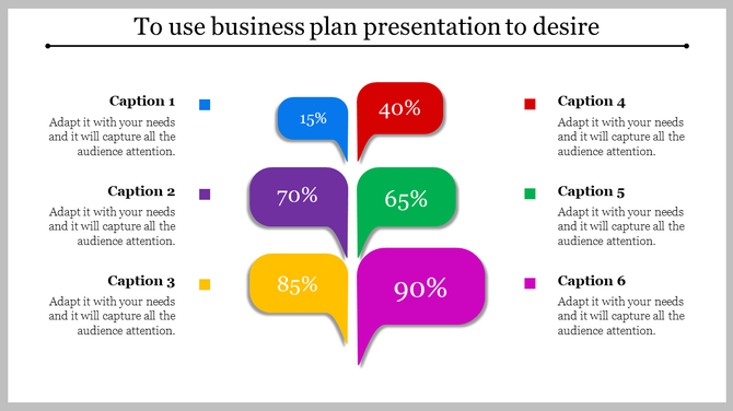 Business slide featuring six speech bubbles in blue, red, purple, green, yellow, and pink with percentages.