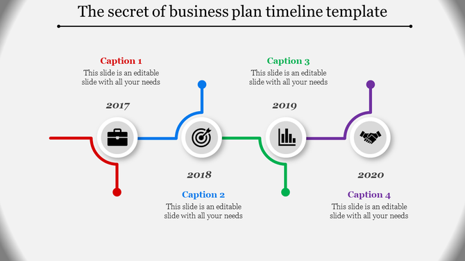 Horizontal business timeline from 2017 to 2020 with icons and captions in red, blue, green, and purple.