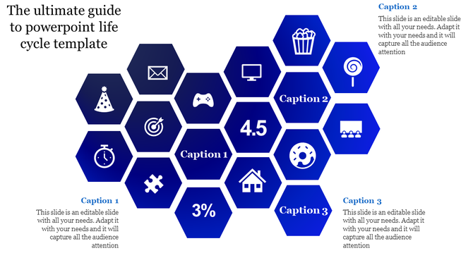 Honeycomb-style diagram depicting life cycle with various icons, including a house, puzzle, donut, and captions areas.