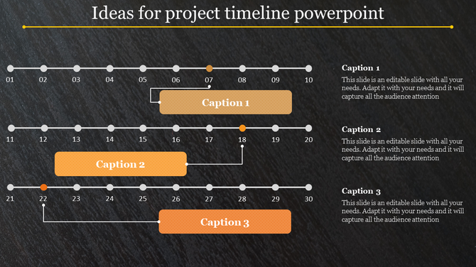 Project timeline template with placeholders for dates, captions, and descriptive text placed in a dark background.