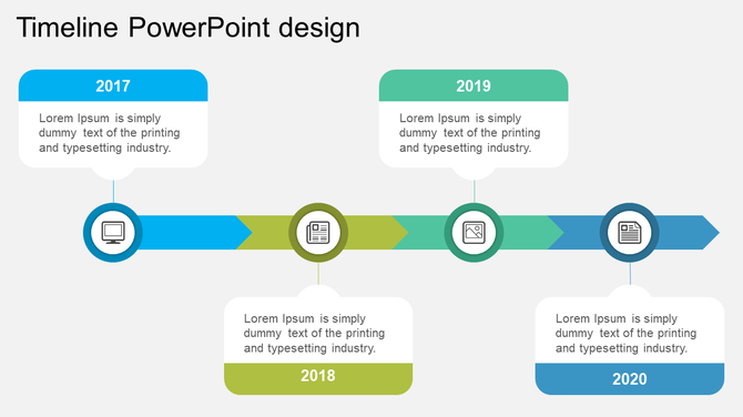 Timeline with four colored arrows and icons in circles, paired with text boxes with years from 2017 to 2020.