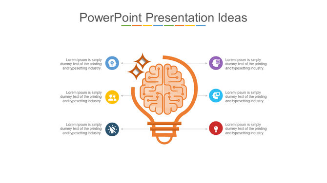 Orange brain shaped light bulb in the center, surrounded by six colorful circular icons with placeholder text.