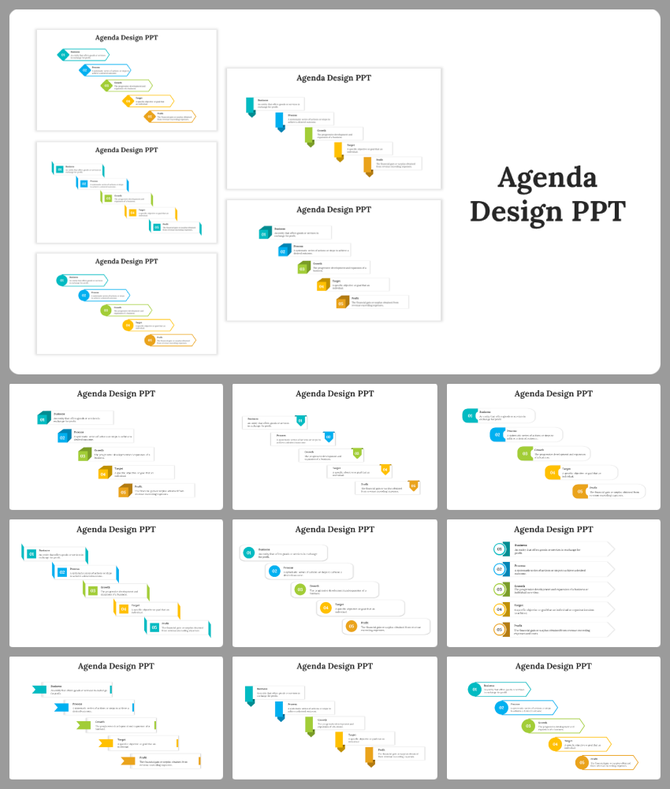 Slide deck with agenda templates, showcasing colorful step based layouts in blue, green, yellow, and orange.