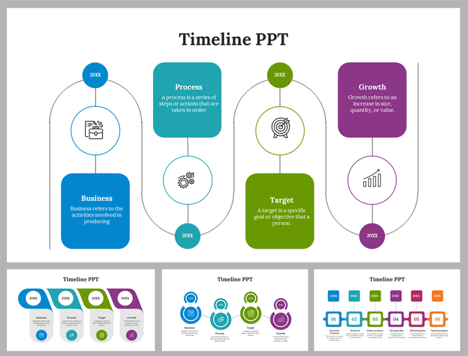 Timeline PowerPoint slides showing stages with different colorful layout designs with icons and descriptions.