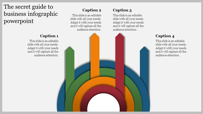 Business infographic PowerPoint slide with colorful circular elements and captions.