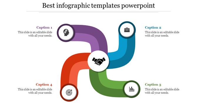 Infographic template with four colorful paths converging at a handshake icon in the center with captions.