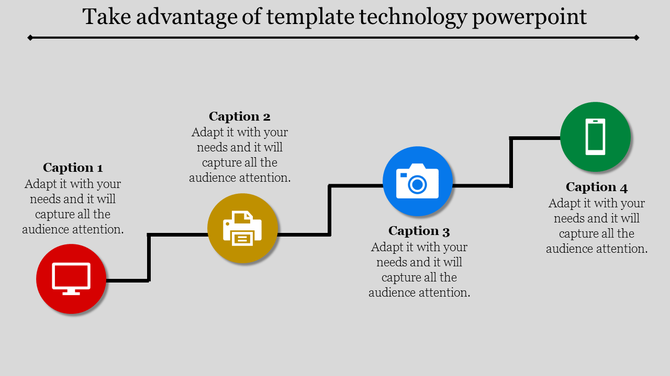 PowerPoint slide featuring four sections with icons representing technology, such as a computer, printer, camera, and phone.