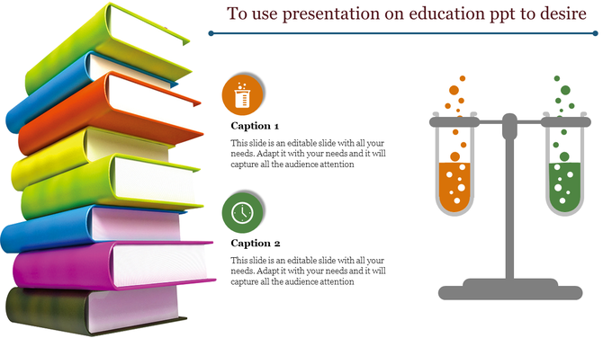 Colorful stack of books and a scale with orange and green test tubes, and matching captions at the center.
