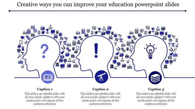 Three blue human head silhouettes filled with educational icons, each marked with a symbol representing learning concepts.