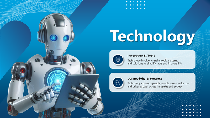 Technology slide with humanoid robot, blue abstract background, glowing elements, shapes, and text holders for innovation.