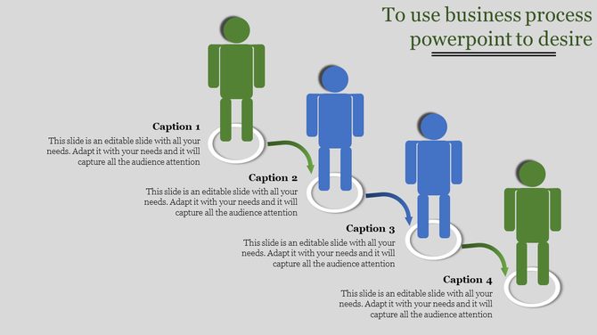 Four human shaped figures in green and blue, on circular bases, each connected by arrows with captions below.