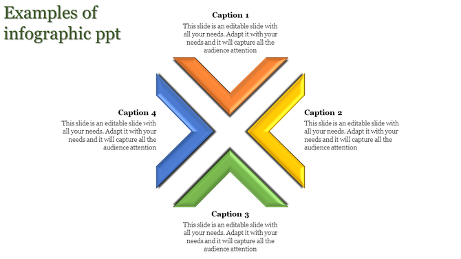 Infographic slide with four angled arrows pointing inward in blue, green, yellow, and orange, with text captions around.