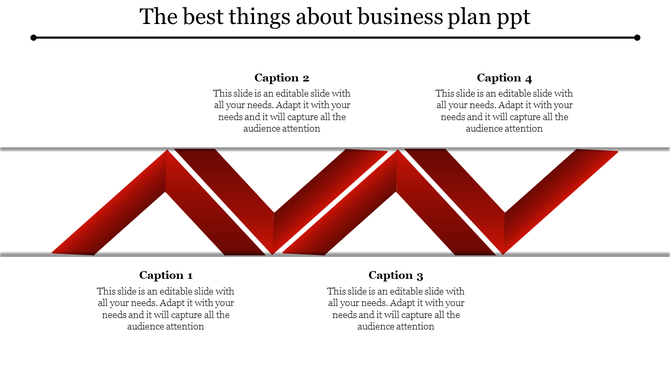 Zigzag red ribbon like layout with four captions placed alternately above and below, on a white background.