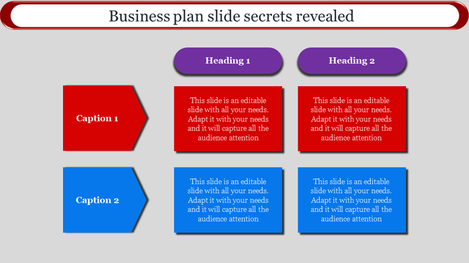 Business plan slide with red and blue caption boxes under two purple headings on a grey background.