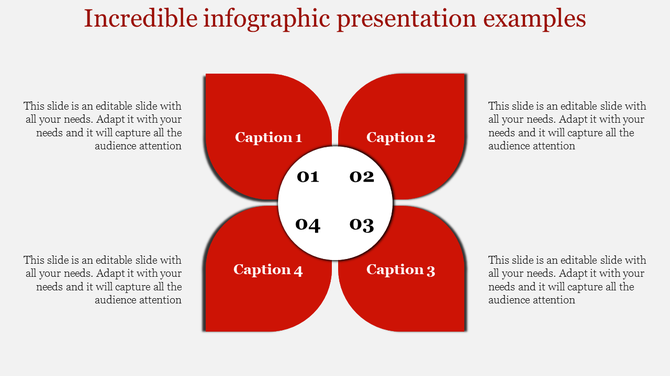 Infographic with four red petal shaped sections surrounding a white circle, labeled 01 to 04, with descriptive text.