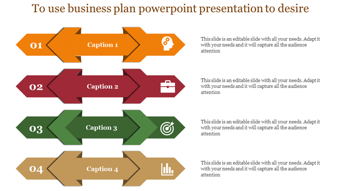 Four horizontal arrows in orange, red, green, and yellow, labeled with 01 to 04, and descriptions on the right.
