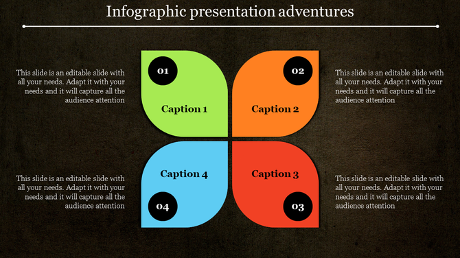 Infographic presentation template with four colorful sections, each featuring a caption and a numbered icon.