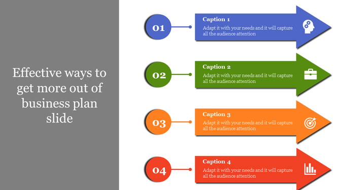 Business plan slide featuring four arrows pointing to different sections, each with a caption.