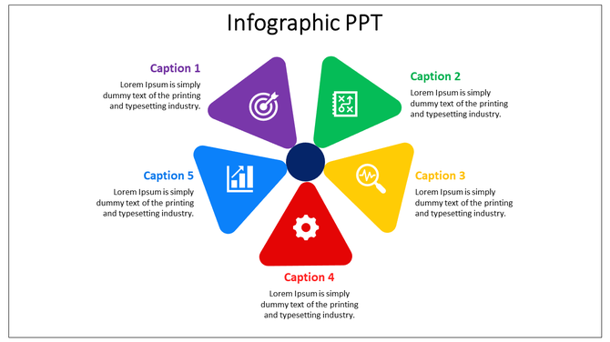 Colorful infographic with five triangular sections in purple, green, yellow, red, and blue, each with icons and captions.
