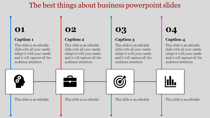 Business slide with four sections, each showing an icon, and placeholder text areas, connected by colored vertical lines.