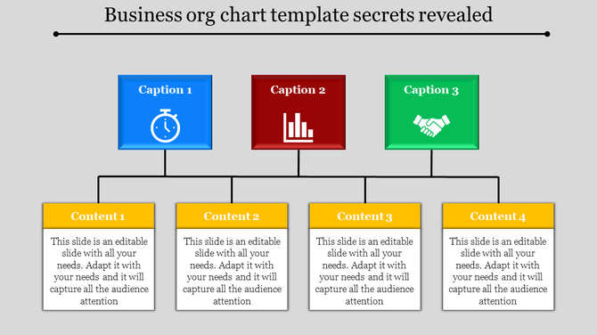 Company hierarchy infographic with three caption boxes connected by lines to four yellow with placeholder text areas.