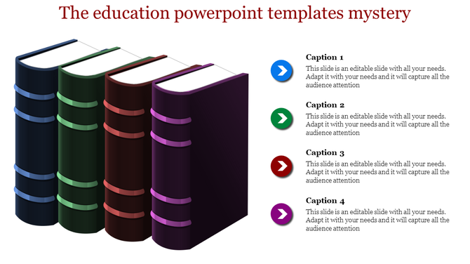 Four large, upright books in blue, green, red, and purple, aligned with colorful circular captions on the right.